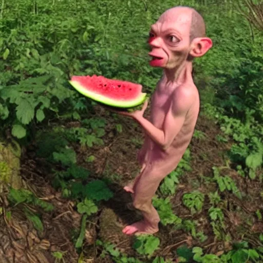 Image similar to trail cam footage of gollum eating watermelon,