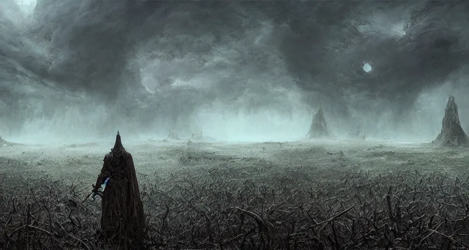 Image similar to lamatsu prowling on the abandoned wasteland, wide shot, epic, dark fantasy, beksinski, wayne barlowe, warhammer fantasy art, lord of the ring art, dark soul concept art