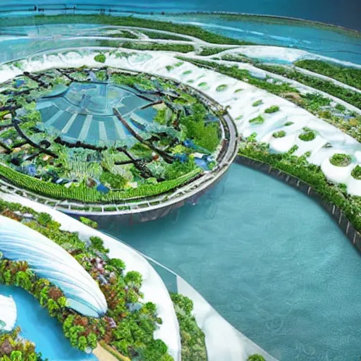 Prompt: futuristic underwater farm is situated at the the rio de janeiro shore, main access is on the water surface, through four marinas covered with a mangrove rooted on a floating dome 500 meters in diameter. Vincent Callebaut Aequoarea, modular living, co-working spaces, fab labs, recycling plants, science labs, educational hotels, sports fields, aquaponic farms and phyto-purification lagoons stack up layer by layer. the twisting of the towers is ultra-resistant to hydrostatic pressure. its geometry allows it to fight marine whirlpools and thus reduce motion sickness.bioluminescence thanks to symbiotic organisms that contain luciferin which emits light through oxidation, 8k,