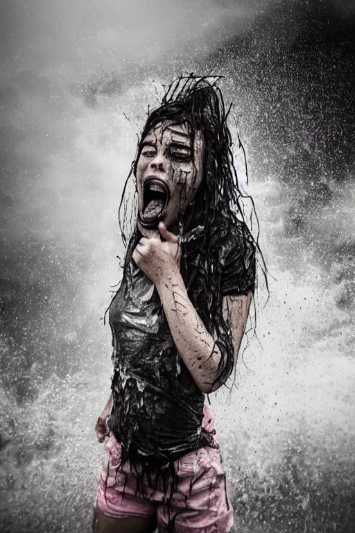 Prompt: apocalyptic photograph of a teenage girl screaming face toward the camera wearing wet!! and ripped!!! shirt and shorts, fearful, skin, a terrifying robot!!! stands very tall in the distance, short dof, atmospheric, rain and smoke and lightning, bold colors, dramatic movie still, photograph by nick ut