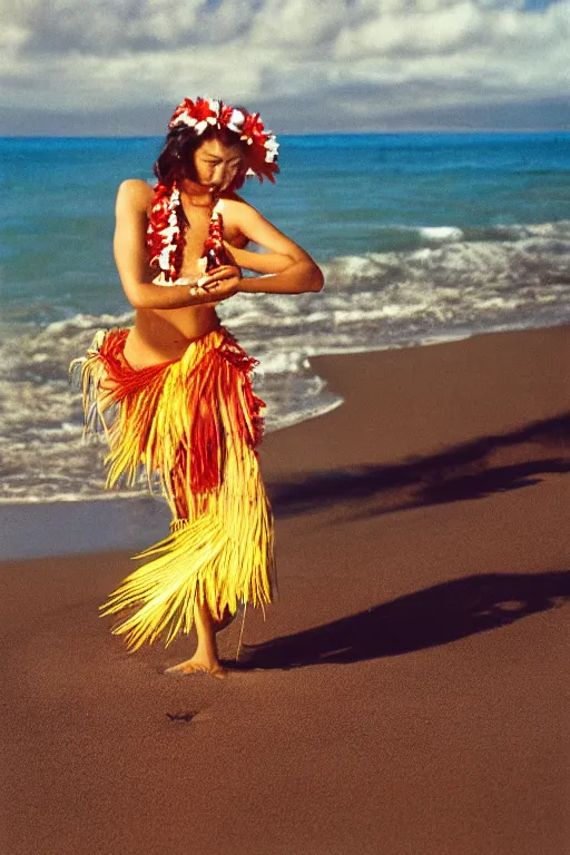 Prompt: female hawaiian hula dancer on beach by kim taylor reece, haunani veruschka von lehndorff, franco rubartelli, vogue landscape photo