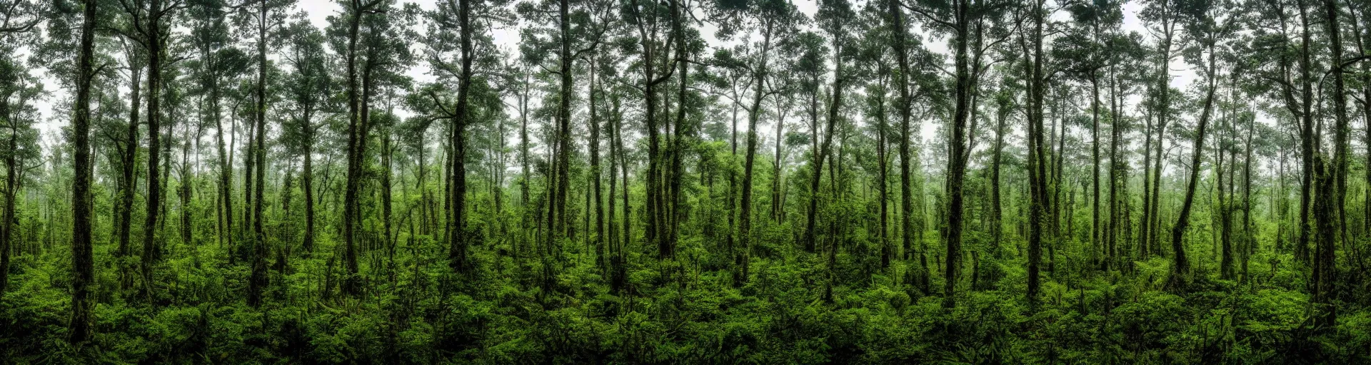 Image similar to a wide landscape shot of a forest with a rainy sky in the background