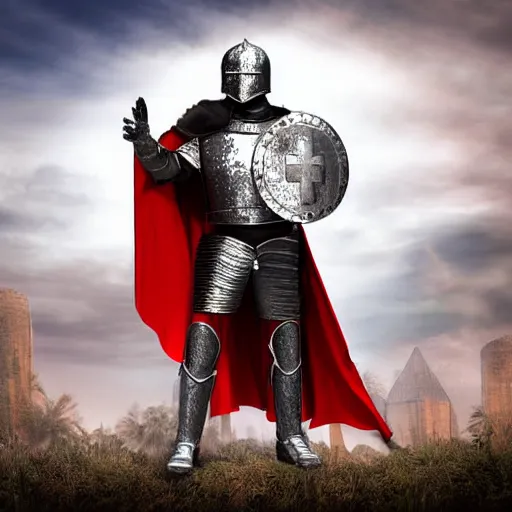 Image similar to man in century crusader armor and cape with big red cross on it digital art realistic high detail