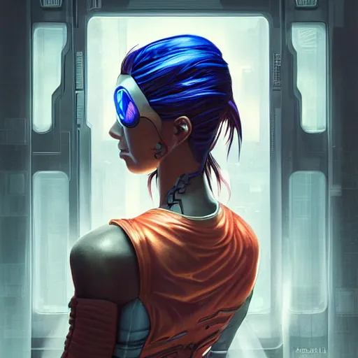 Image similar to art by artgerm, portrait of cyberpunk woman looking out of a window, cyberpunk setting, futuristic, highly detailed, intricate lighting, digital painting, sharp focus, illustration, trending on artstation.