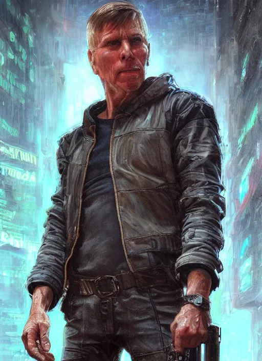 Image similar to kent hovind. cyberpunk mercenary in a cyberpunk jumpsuit ( blade runner 2 0 4 9, cyberpunk 2 0 7 7 ). orientalist portrait by john william waterhouse and james gurney and theodore ralli and nasreddine dinet, oil on canvas. cinematic, hyper realism, realistic proportions, dramatic lighting, high detail 4 k