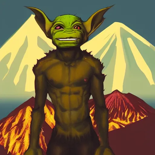 Prompt: “a goblin with brown skin and glowing yellow eyes with a volcano in the background”