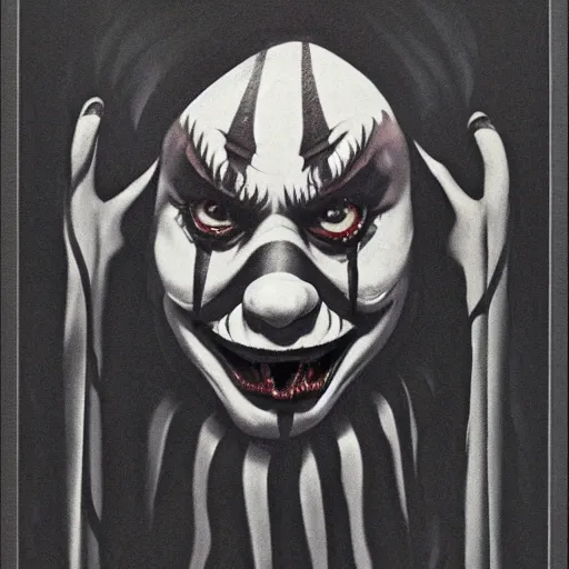 Image similar to Silhouette of a scary clown by Gerald Brom, film grain