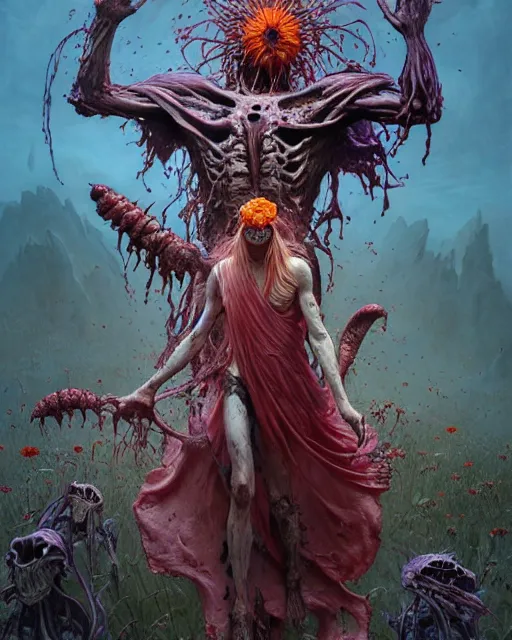 Prompt: the platonic ideal of flowers, rotting, insects and praying of cletus kasady carnage davinci dementor chtulu mandala ponyo dinotopia the witcher, fantasy, ego death, decay, dmt, psilocybin, concept art by randy vargas and greg rutkowski and ruan jia and zdzisław beksinski