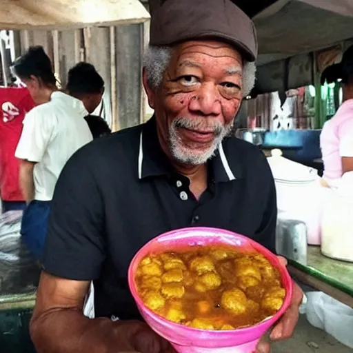 Prompt: morgan freeman as bakso seller