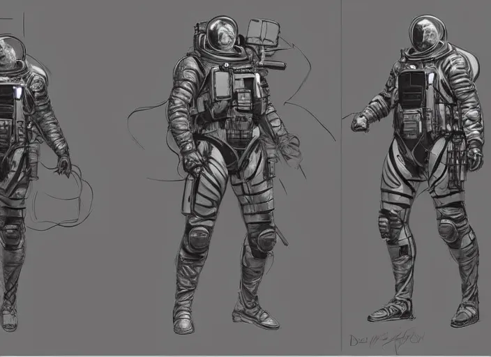 Image similar to front and back character view of Astronaut from Metal Gear Solid by Donato Giancola, Trending on artstation and pixiv concept art and sheet