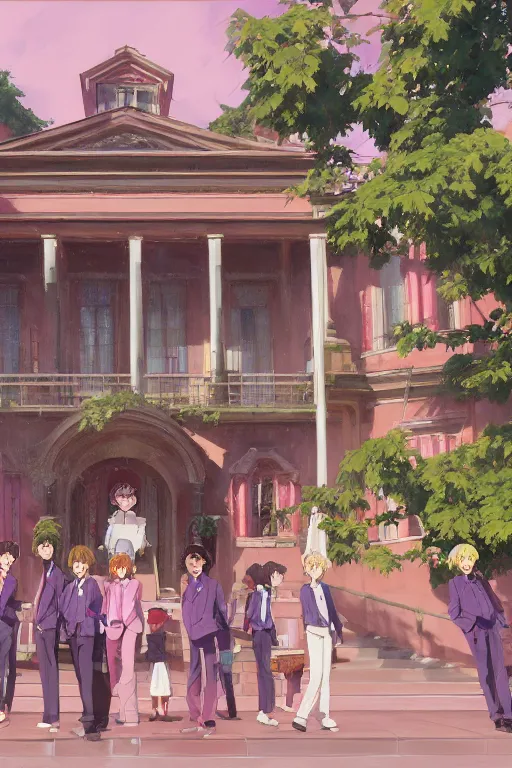 Prompt: painting of ouran highschool host club academy, front view, calm, afternoon day, roman architecture, pink marble building, dynamic lighting, landscape, bright, artwork by jeremy lipkin and giuseppe dangelico pino and michael garmash and rob rey and greg manchess and huang guangjian and makoto shinkai, pixiv, sharp edges, simple form, 1 0 0 mm