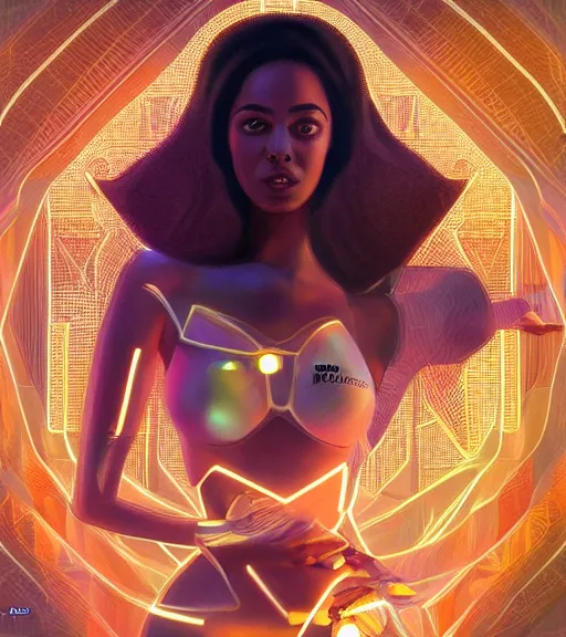 Image similar to symmetry!! egyptian princess of technology, solid cube of light, hard edges, product render retro - futuristic poster scifi, lasers and neon circuits, brown skin woman egyptian princess, intricate, elegant, highly detailed, digital painting, artstation, concept art, smooth, sharp focus, illustration, dreamlike, art by artgerm