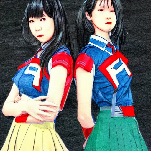 Prompt: a perfect, realistic professional digital sketch of two 80s Japanese schoolgirls posing, in style of Marvel and DC, full length, by pen and watercolor, by a professional American senior artist on ArtStation, a high-quality hollywood-style sketch, on high-quality paper