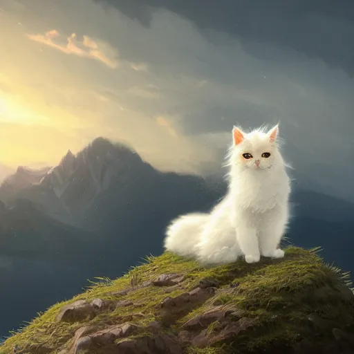 Prompt: epic portrait an lonely fluffy cat sitting alone on a mountain during sunset, back profile, digital painting, artstation, concept art, soft light, hdri, smooth, sharp focus, illustration, fantasy, intricate, elegant, highly detailed, D&D, matte painting, in the style of Greg Rutkowski and Alphonse Mucha and artemisia, 8k, highly detailed, jurgens, rutkowski, bouguereau, pastoral, rustic, georgic, detailed concept art, illustration, colorful pastel, painting, detail, ultra detailed, digital art, 4K,