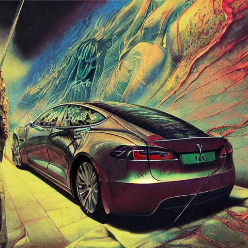 Prompt: realistic detailed image of Tesla car by Ayami Kojima, Amano, Karol Bak, Greg Hildebrandt, and Mark Brooks, Neo-Gothic, gothic, rich deep colors. Beksinski painting, part by Adrian Ghenie and Gerhard Richter. art by Takato Yamamoto. masterpiece