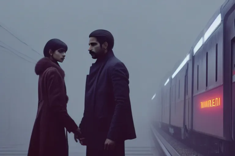 Image similar to film still of closeup beautiful model indian couple in blade runner 2 0 4 9, train station, cinematic, moody, gritty neon noir by emmanuel lubezki