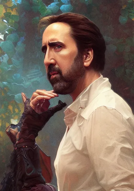 Prompt: nicholas cage, intricate, elegant, highly detailed, digital painting, artstation, concept art, smooth, sharp focus, illustration, art by artgerm and greg rutkowski and alphonse mucha and william - adolphe bouguereau