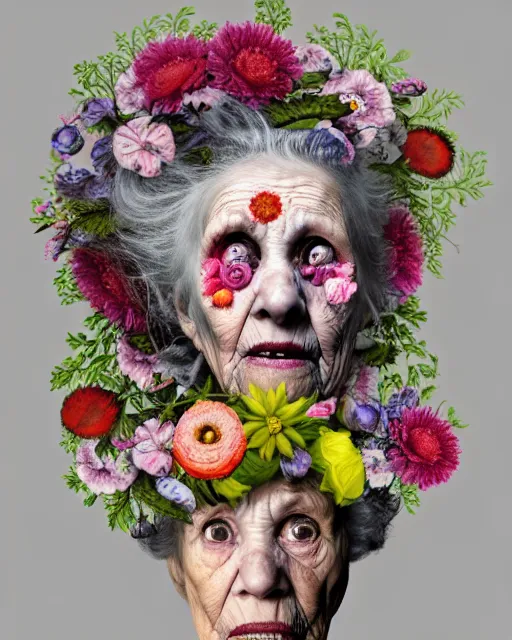 Image similar to a portrait of a surprised, fleshy old woman covered in flowers in the style of guiseppe arcimboldo and james jean, covered in wispy gray hair with a hint of neon, hd 3 d, 8 k