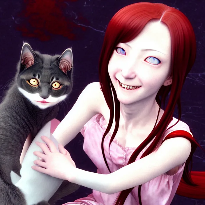 Image similar to renaissance portrait of the secretive vampire girl loner smiling at her cat, by katsuhiro otomo, yoshitaka amano, nico tanigawa, and artgerm rendered with 3 d effect.