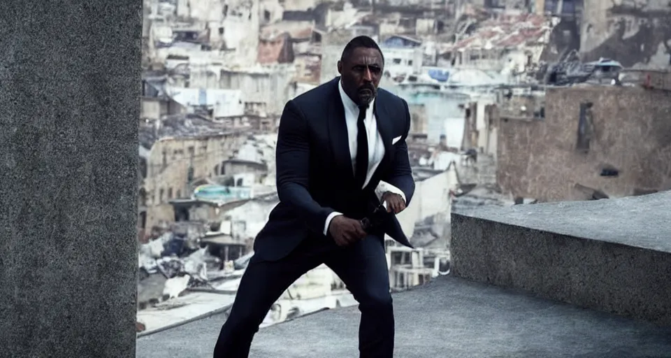 Prompt: idris elba as james bond, cinematic action scene, struggling to not fall off a building, straining, tuxedo, color corrected, promotional movie shot