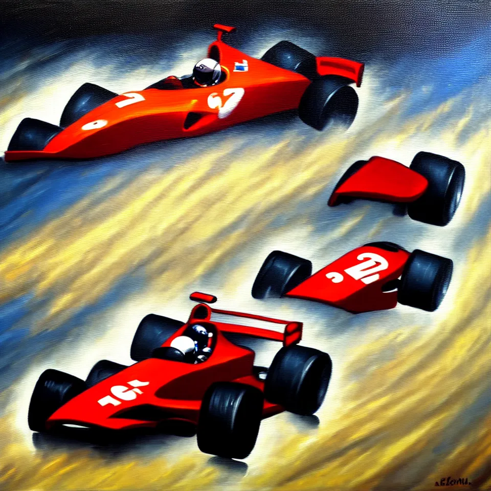 Image similar to a oil painting of a car racing