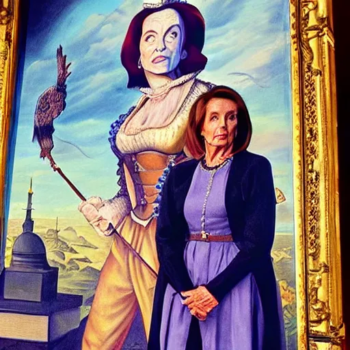 Prompt: nancy pelosi standing in front of 1 6 th century backdrop replacing vigo the carpathian, scourge of moldavia. she ominously stares. painting by lou police for ghostbusters 2.