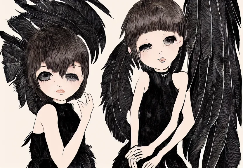 Image similar to little girl with a short black haircut wearing a dress made of black feathers, artwork in genshi impact art style, anatomically perfect