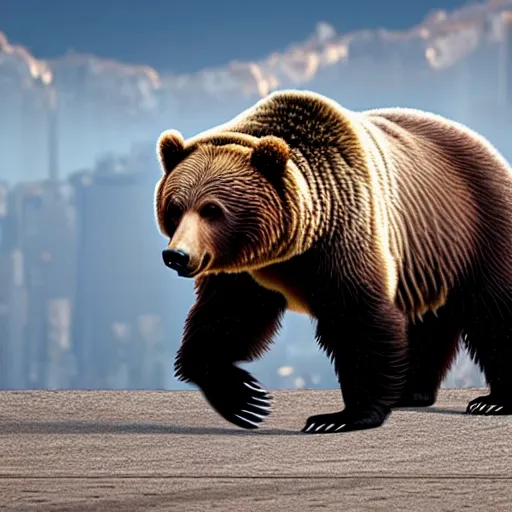 Prompt: a grizzly bear wearing a tuxedo walking on its hind legs through a major metropolis, cinematic, realistic