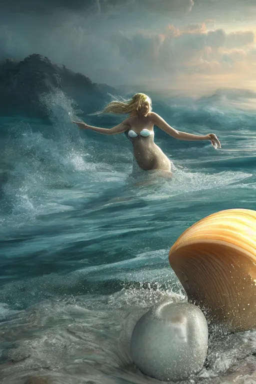 Image similar to Aphrodite rising out of the sea in a clam shell, photorealistic, high resolution, award winning, trending on artstation, volumetric lighting, highly detailed, daylight.