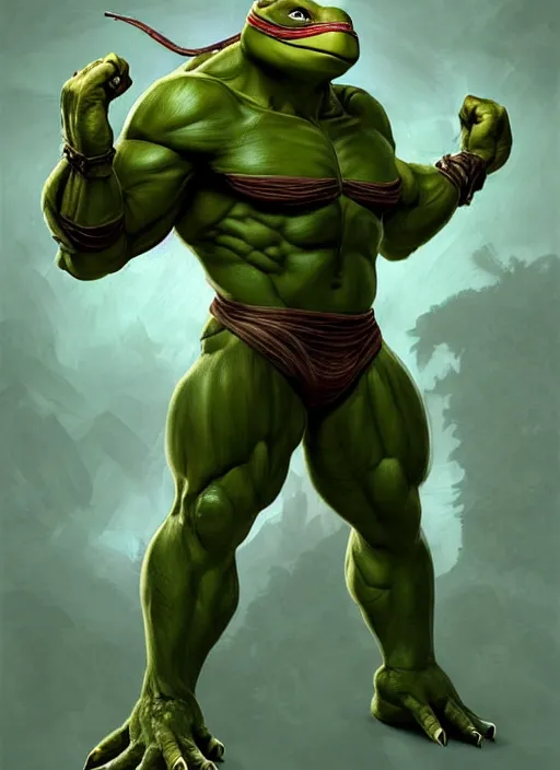 Prompt: portrait of aggressive leonardo from teenage mutant ninja turtle, d & d, muscular! athetic bodybuilder in dynamic fighting stance, turtle shell in the back!, fantasy, intricate, elegant, highly detailed, green skin!, digital painting, artstation, concept art, smooth, sharp focus, illustration, art by artgerm and greg rutkowski and alphonse mucha