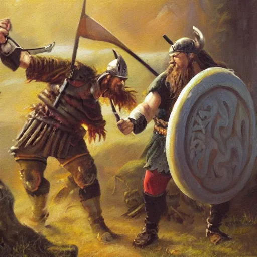 Image similar to A viking fighting a troll, oil painting