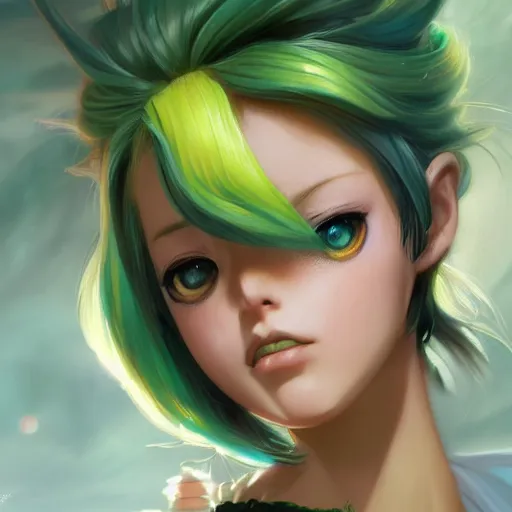 Image similar to A Beautiful Anime girl with Green hair and Yellow eyes, detailed, centered, digital painting, artstation, concept art, donato giancola, Joseph Christian Leyendecker, WLOP, Boris Vallejo, Breathtaking, 8k resolution, extremely detailed, beautiful, establishing shot, artistic, hyperrealistic, beautiful face, octane render, cinematic lighting, dramatic lighting, masterpiece