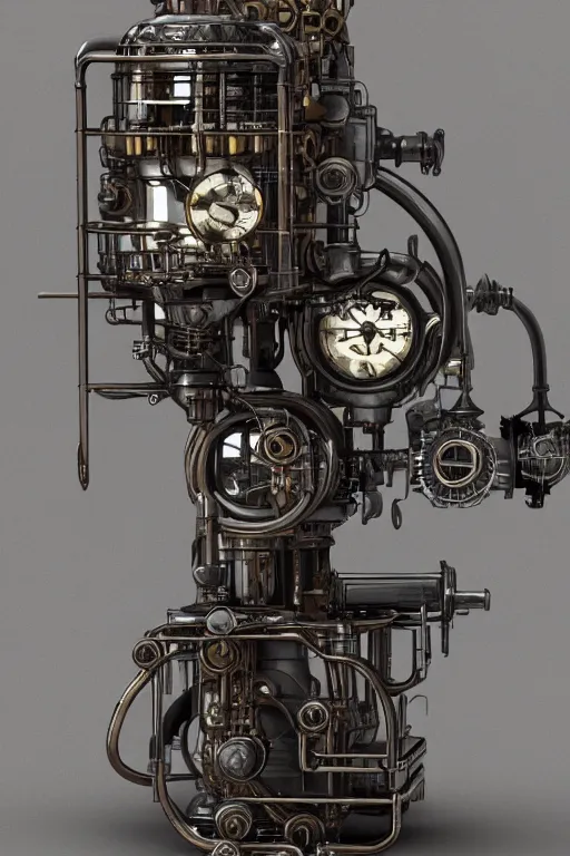 Image similar to octane render, 1 9 4 0's futurist advertising showroom photograph of a techno - magical, dieselpunk, reality shifting device. a gizmo, artifact, or machine. gas powered engine included. intricate detail. clockwork, industrial steampunk.