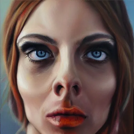 Prompt: hyperrealism oil painting, fashion model portrait, rose eye sockets