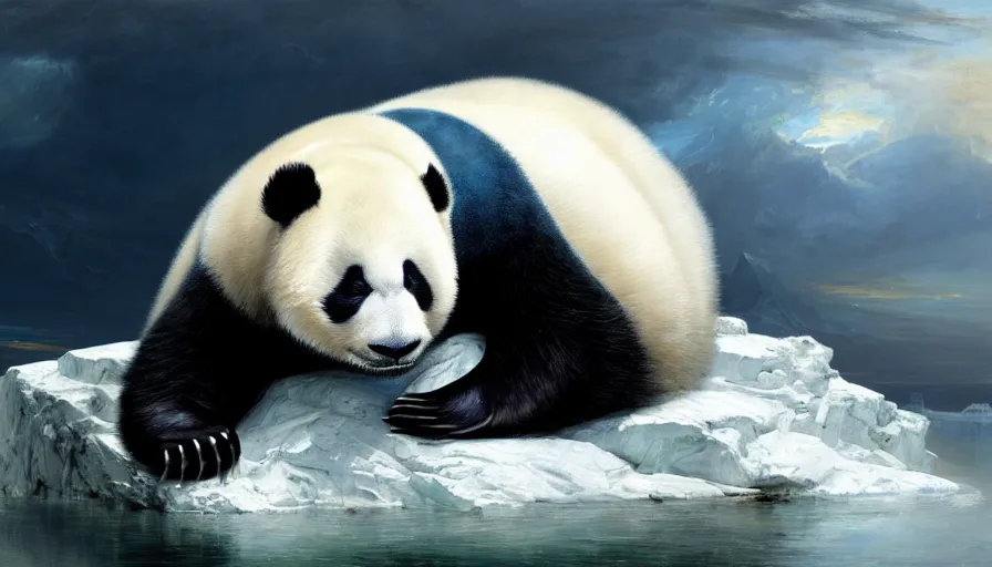 Prompt: highly detailed painting of humanoid creature thats half man and half cute baby white furry seal panda hybrid on a blue and white iceberg by william turner, by greg rutkowski, by william constable, thick brush strokes and visible paint layers, 4 k resolution