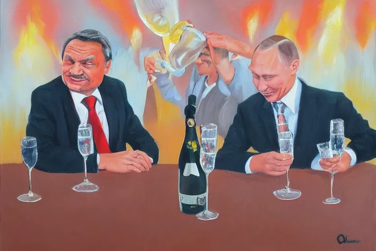 Prompt: viktor orban winking and drinking champagne with putin in front a burning city, oil painting