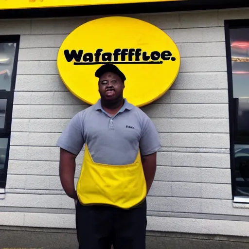 Prompt: wafflehouse employee's standing below wafflehouse sign, employees uniform is black and blue with yellow name tags