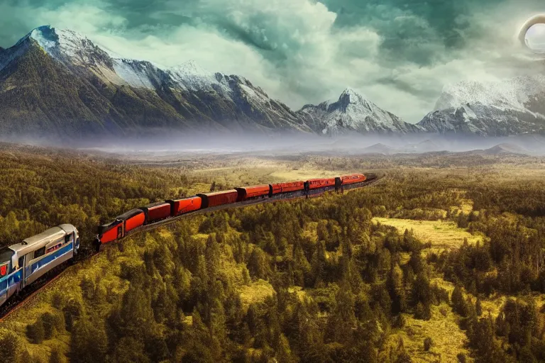 Prompt: a stunning aerial shot of beautiful mountains towering over a vast landscape, with a train from the 8 0 s tearing through the fabric of the universe, digital art, realistic, 4 k wallpaper