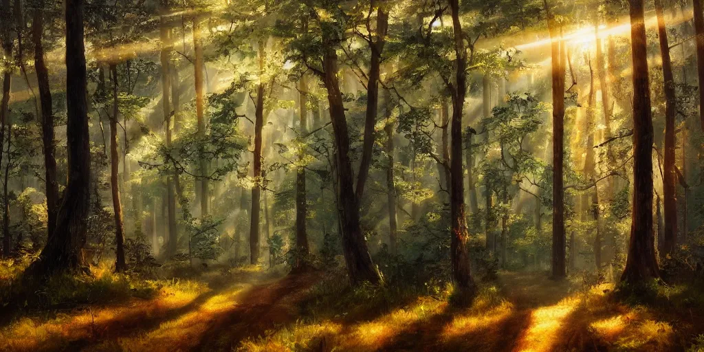 Prompt: An oil painting of an intensely beautiful forest in the morning with straight vertical trees; rays of light coming through the canopy; trending on artstation; extraordinary masterpiece!!!!!!; 8k; haunting beauty