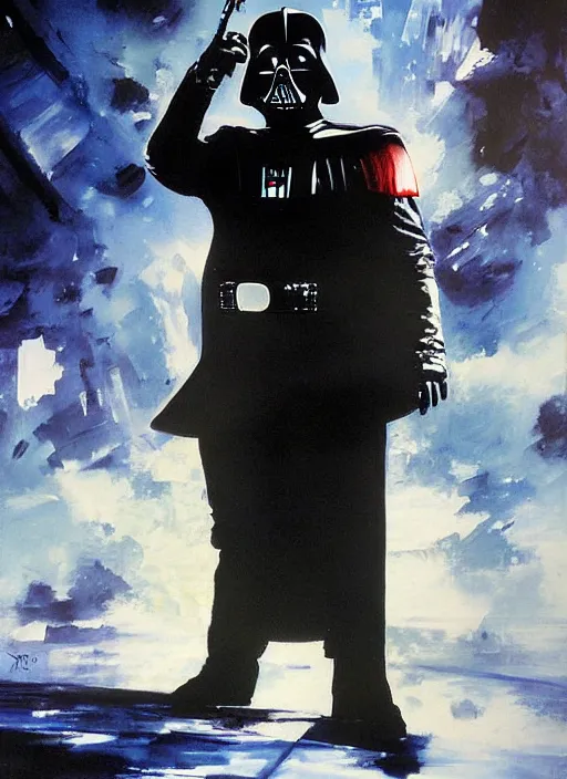 Image similar to dictator pinochet as darth vader painting by john berkey and yoji shinkawa