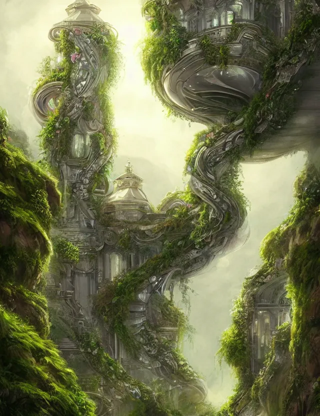 Image similar to a beautiful illustration of a fluid form future mansion with hanging gardens, trending on artstation, digital art, 4 k resolution, detailed, high quality, sharp focus, hq artwork, coherent, insane detail, character portrait