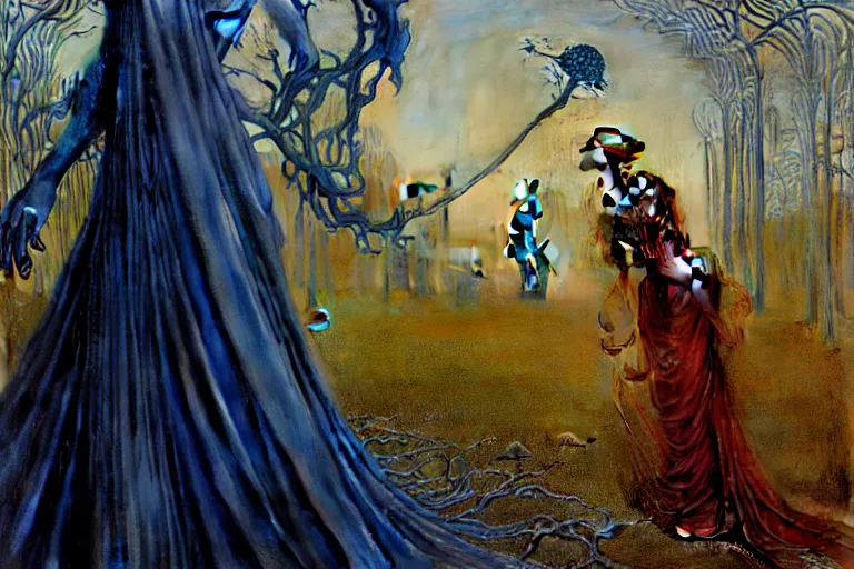 Image similar to realistic detailed portrait painting of a beautiful ghost woman with a male zombie, nightly graveyard landscape background by Jean Delville, Amano, Yves Tanguy, Alphonse Mucha, Ernst Haeckel, Edward Robert Hughes, Roger Dean, masterpiece, cinematic composition, dramatic pose, 4k details, rich moody colours, blue eyes