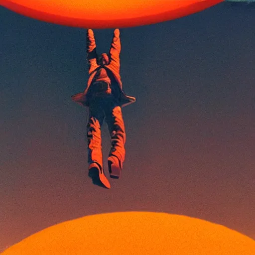 Image similar to Travis Scott floating over Earth, 4k, Aubrey Powell, vintage photo, beautiful cinematography, surreal, film grain