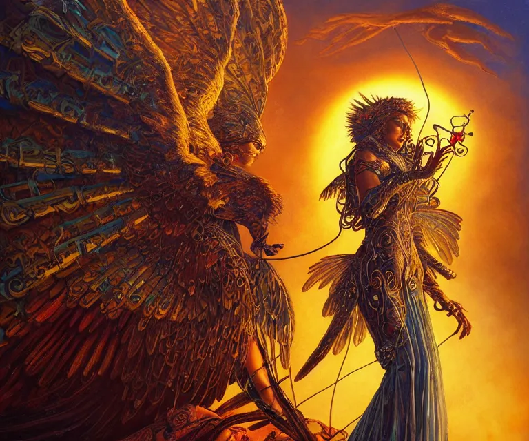 Image similar to a beautiful tarot card artwork of a cyberpunk seraphim in nature, backlit, highly detailed, golden hour, digital painting, by karol bak and justin gerard and dan mumford and artgerm, vivid colors, masterpiece, detailed shading, 8 k resolution, intricate, smooth