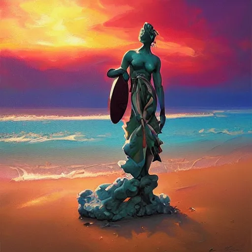 Image similar to colorful peter mohrbacher and andreas rocha impasto!! acrylic painting of a marble statue of a warrior on the shore of a beach with a spectacular sunset overhead. trending on artstation