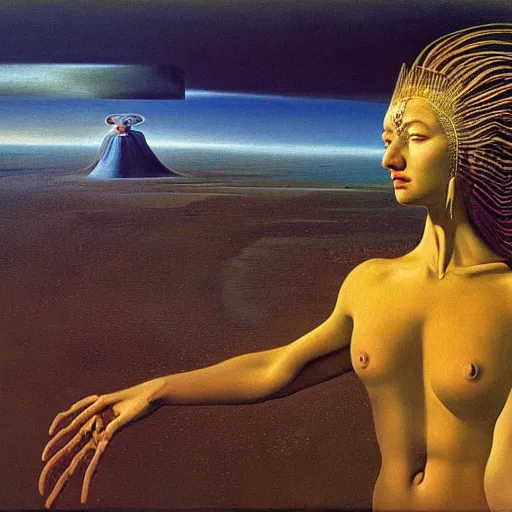Prompt: the queen of the sun by salvador dali and zdzisław beksiński, oil on canvas