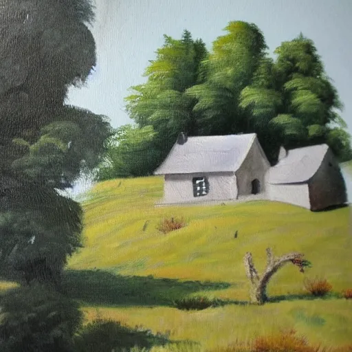 Prompt: a painting of a little cottage