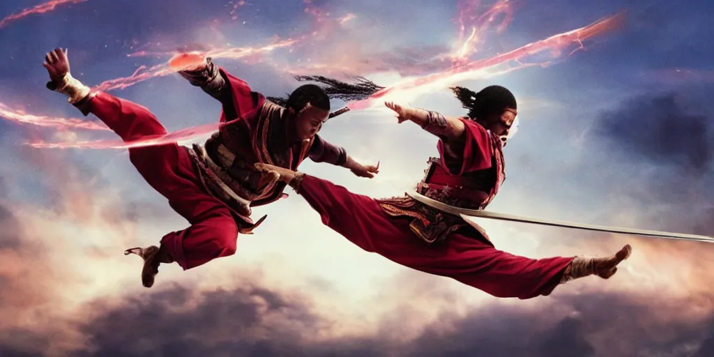 Image similar to a film still of a light skinned black man starring as an ancient samurai flying doing a flying kick, japanese blockbuster film, the sky is red, shallow depth of field, cinematic, award winning cgi, vfx, film still