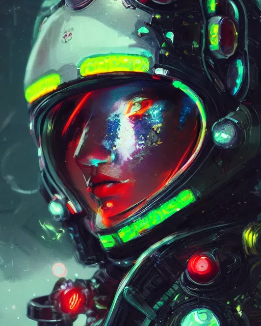 Image similar to detailed portrait Neon Spacesuit Girl, cyberpunk futuristic neon, reflective puffy coat, decorated with traditional Japanese ornaments by Ismail inceoglu dragan bibin hans thoma greg rutkowski Alexandros Pyromallis Nekro Rene Maritte Illustrated, Perfect face, fine details, realistic shaded, fine-face, pretty face