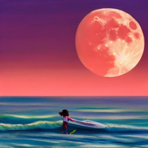 Prompt: painting of a moonrise over the atlantic ocean, kids surfing, boat in the distance, hazy islands can be seen in the distance, pink moon, faded orange sky, clouds, big waves, art by devin elle kurtz and james gurney, hd, high quality, 8 k, digital art, trending on artstation